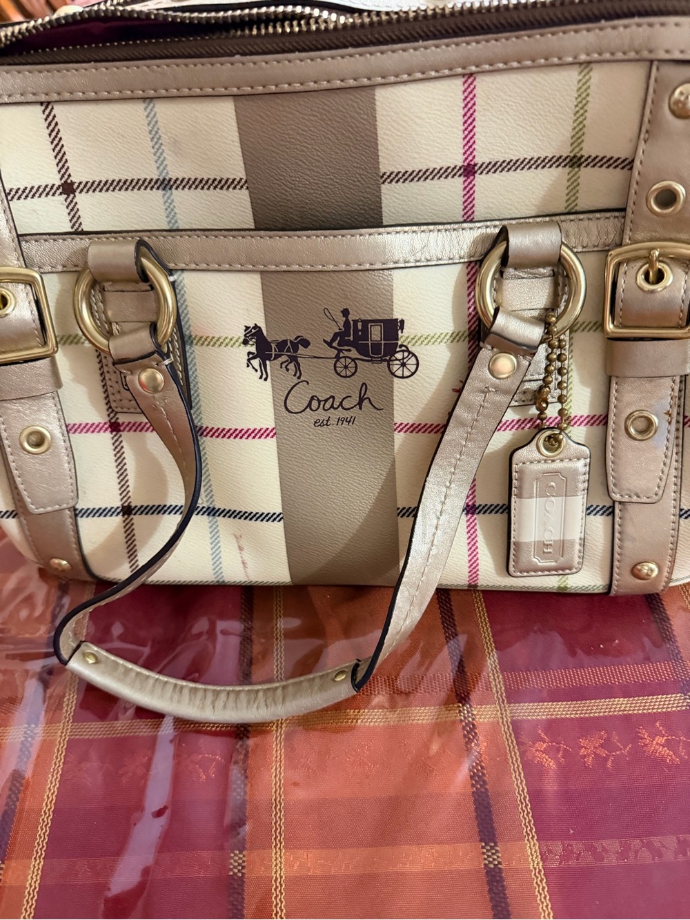 Coach Plaid Satchel in Cream, Taupe and Pink Accent